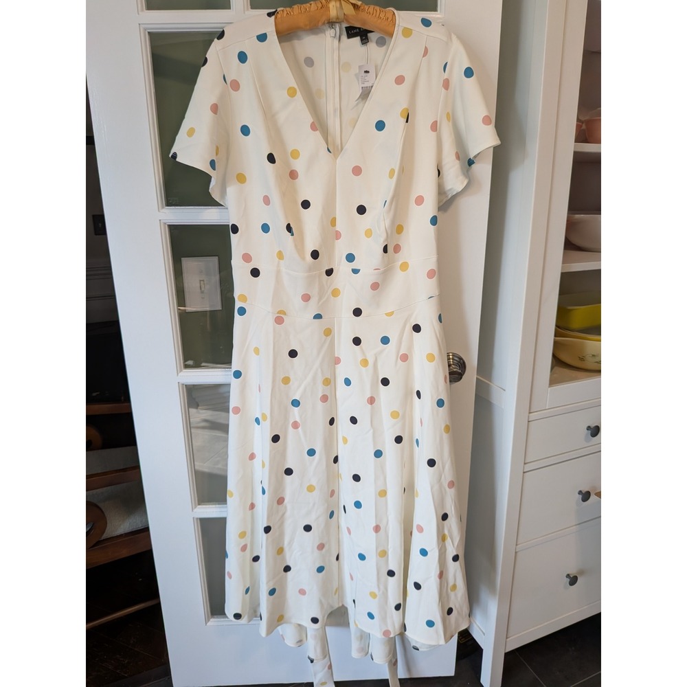 Lane Bryant Polka Dot Fit and Flare Midi Dress White Multi Color Plus Sz 24 NWT
